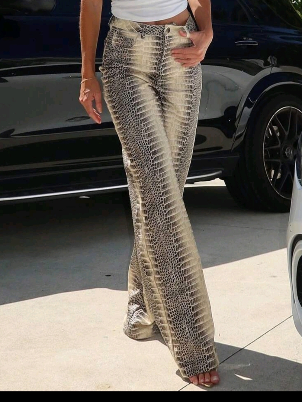 Wide Leg Snakeskin Print Pants - Beige - Picture 3 of 8